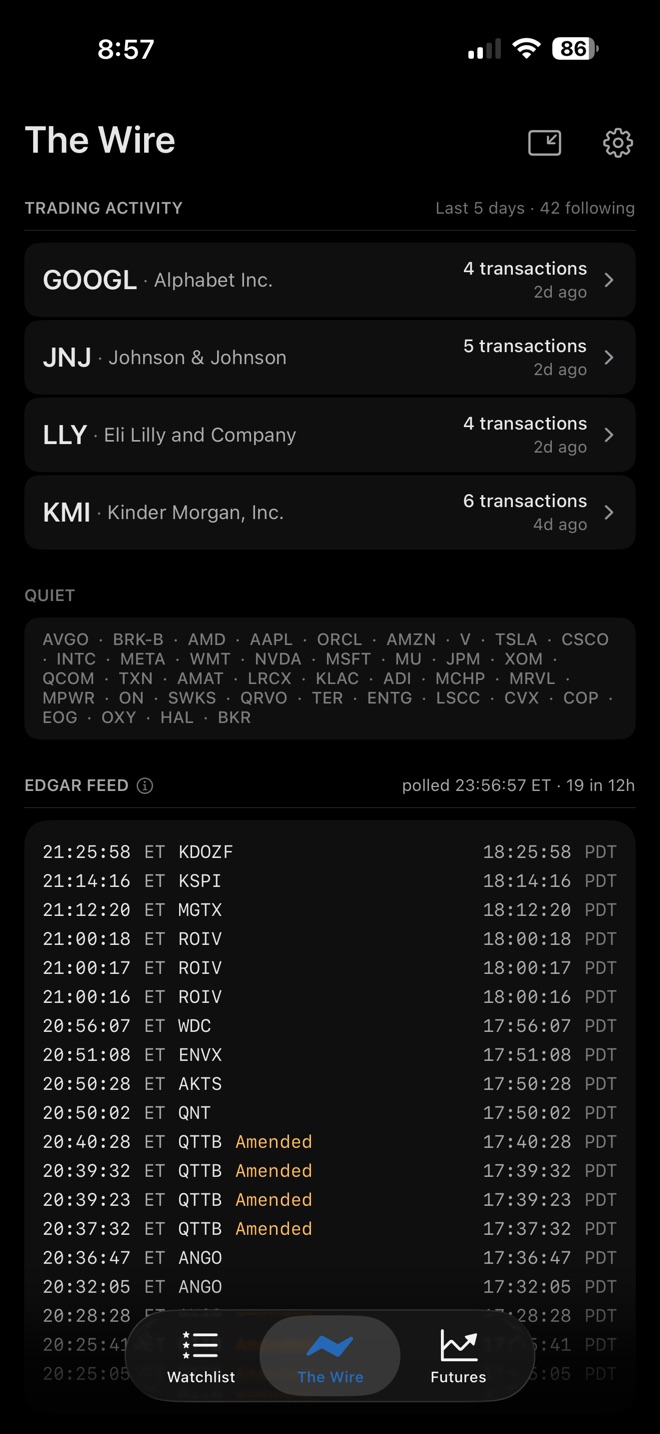 The Wire: new filings from the companies you follow, listed as they post to EDGAR